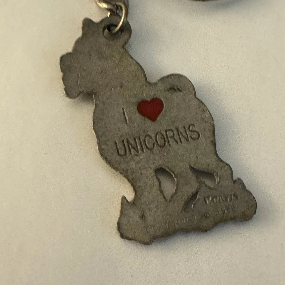 Vintage I Love Unicorns Pewter Keychain Cliffe Pewter Made in 1986, Novelty Gift